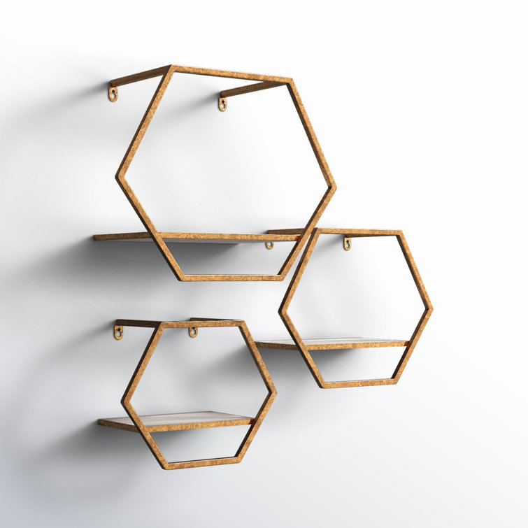 Hand-Crafted outlets Matte Gold Finish Hexagon Metal and Wood Wall Shelf